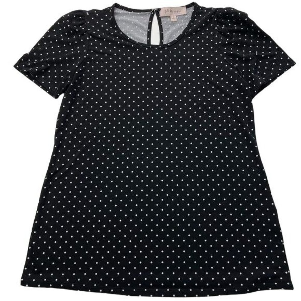 Philosophy Black White Polka Dot Keyhole Back Short Sleeve Top Size Small
